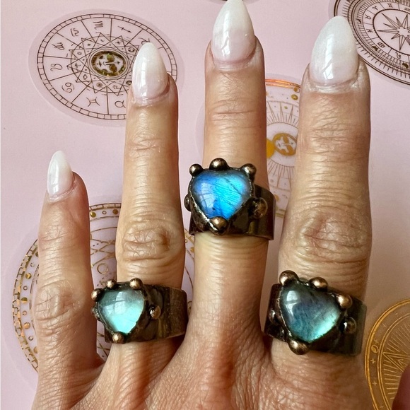 FLASH Labradorite HEART ❤️ Electroplated Ring Adjustable 6 7 8 - Picture 7 of 15